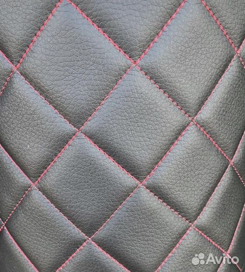 Эко кожа чёрная, ромб клетка красная строчка