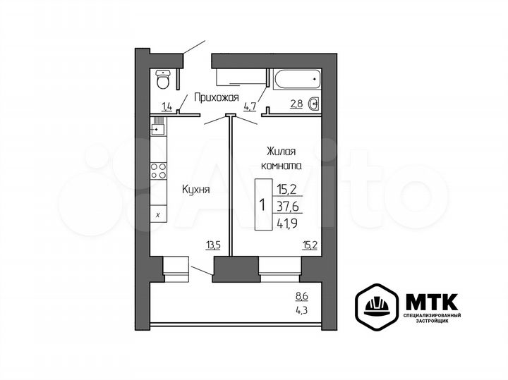 1-к. квартира, 41,9 м², 5/8 эт.