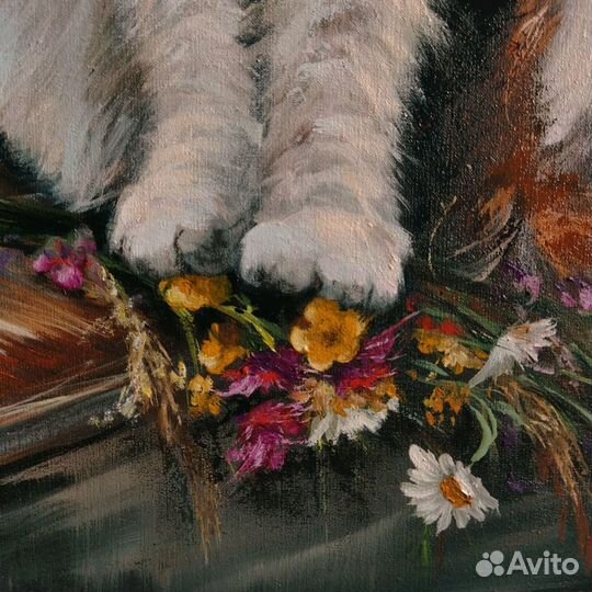 Белый кот картина маслом на холсте 40х60 см