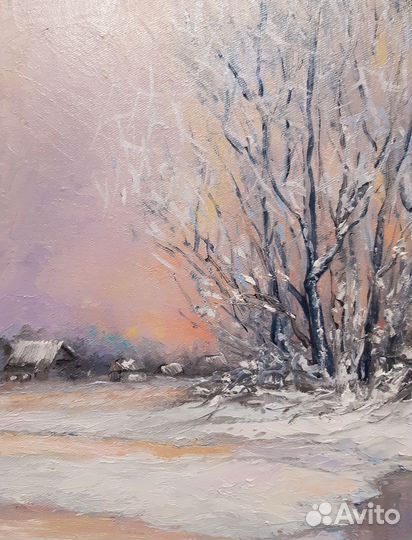 Картина зимний деревенский пейзаж восход солнца