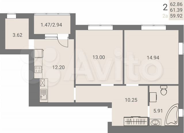 2-к. квартира, 64,6 м², 7/8 эт.
