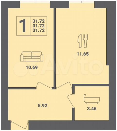 1-к. квартира, 31,7 м², 1/6 эт.
