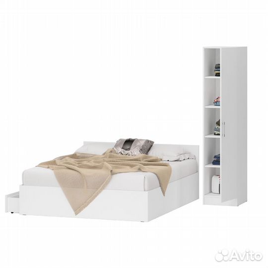 Кровать белая двуспальная с ящиками 1600 с пеналом Стандарт, цвет белый, спальное место 1600х2000 мм