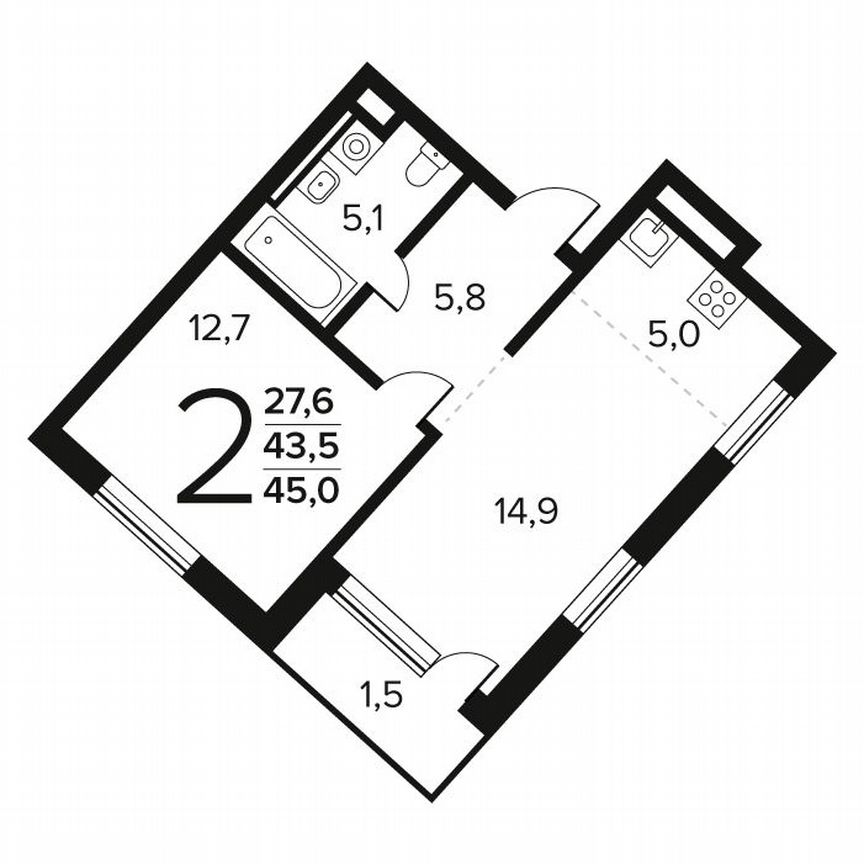 2-к. квартира, 45 м², 2/12 эт.