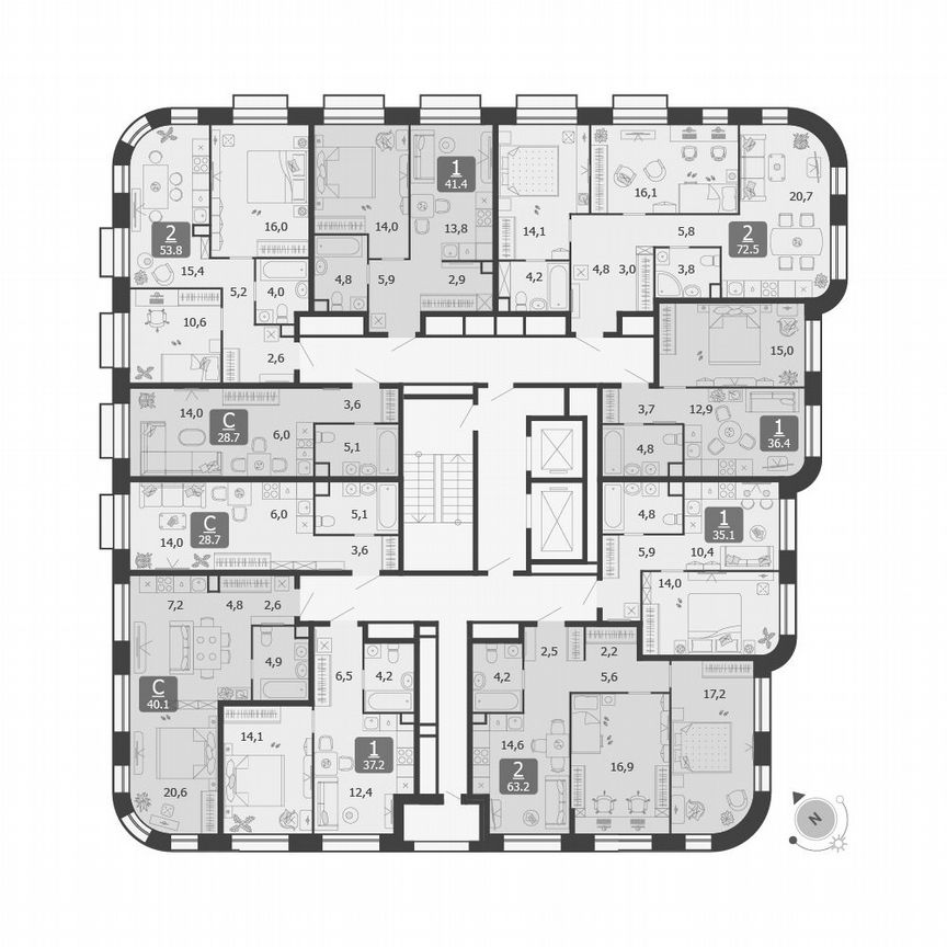 1-к. квартира, 41,4 м², 2/13 эт.