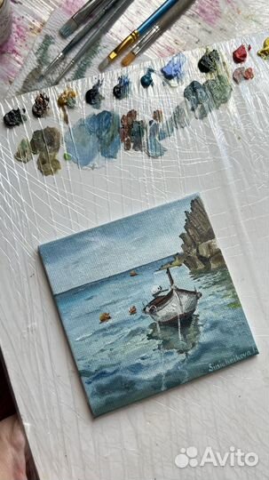 Магнит маслом «Морской пейзаж, лодка»