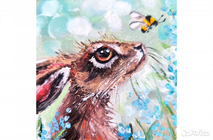 Картина Заяц маслом цветы пейзаж в рамке 15х15 см