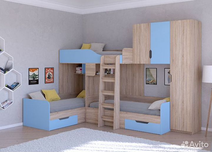 Трехместная кровать трио/2 Дуб молочный/Орех