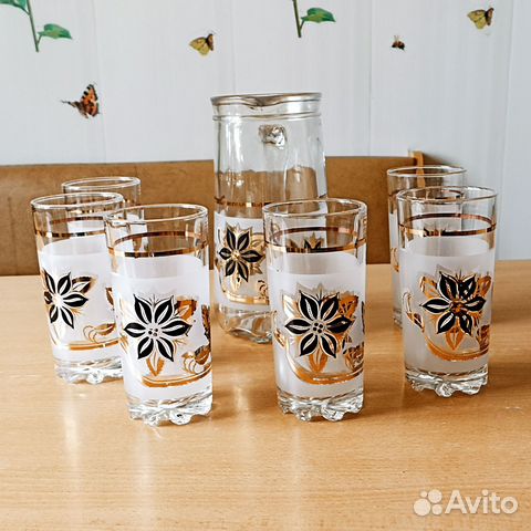 Кувшин + 6 стаканов.Стекло.Позолота. Чехословакия