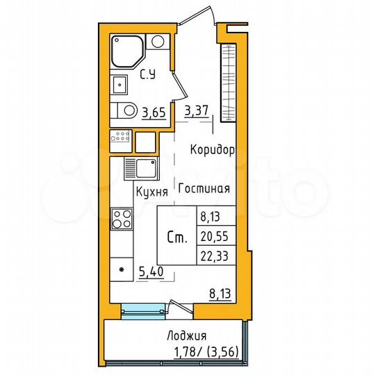 Квартира-студия, 22,3 м², 5/27 эт.