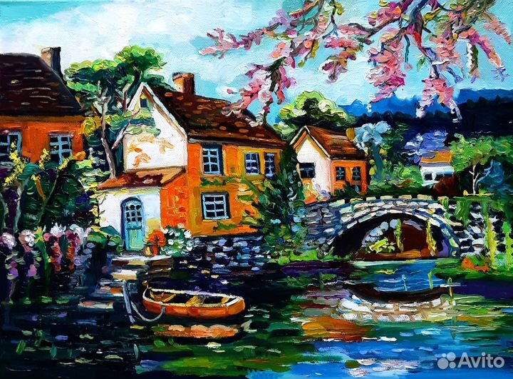 Картина маслом Пейзаж с домиками холст 30на40см