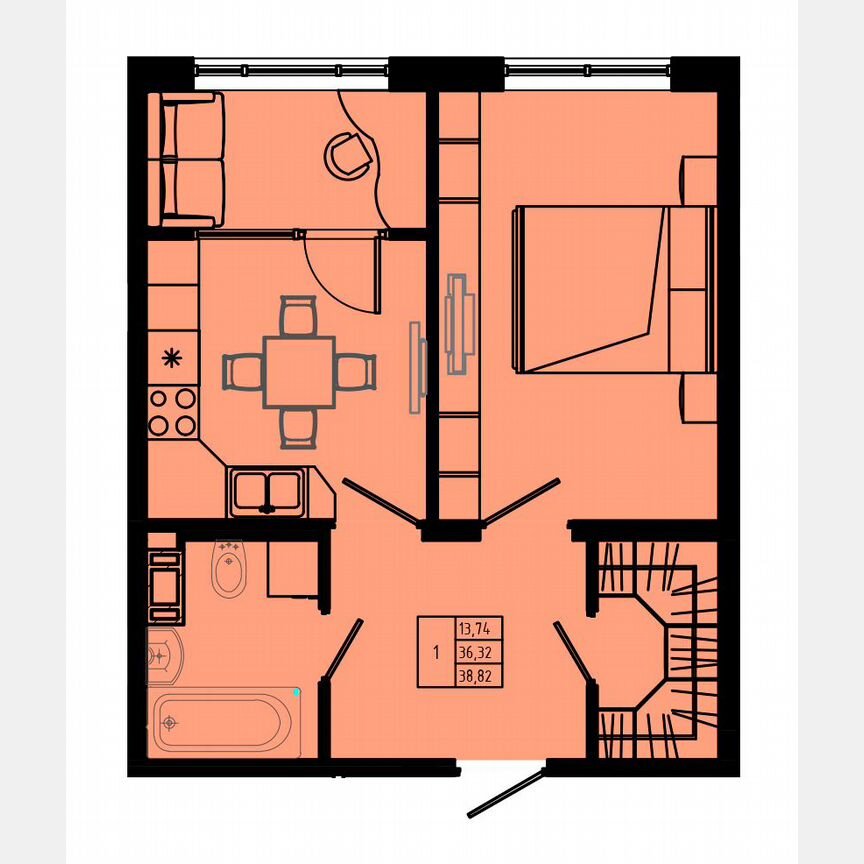 1-к. квартира, 39,7 м², 1/8 эт.