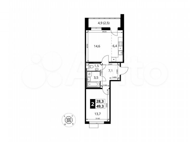 2-к. квартира, 49,3 м², 14/16 эт.