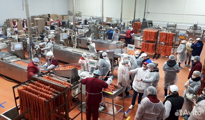 Вахта работников на производстве колбас