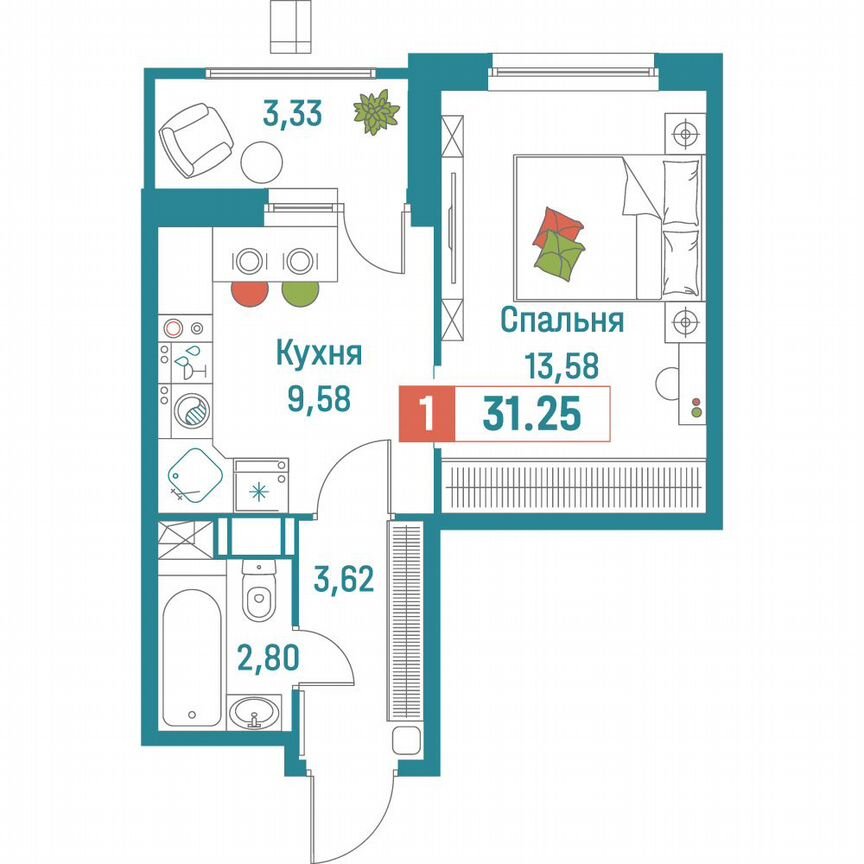 1-к. квартира, 31,3 м², 14/18 эт.
