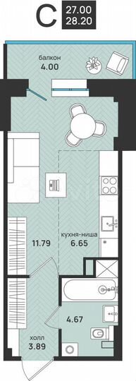 Квартира-студия, 28,2 м², 2/9 эт.