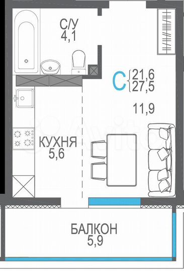 1-к. квартира, 27,5 м², 5/9 эт.