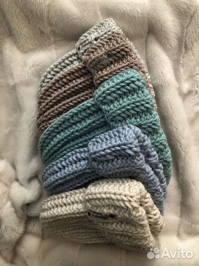 Шапка бини ручная работа серо-голубой