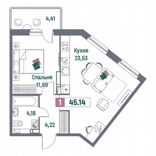 1-к. квартира, 45,1 м², 12/16 эт.