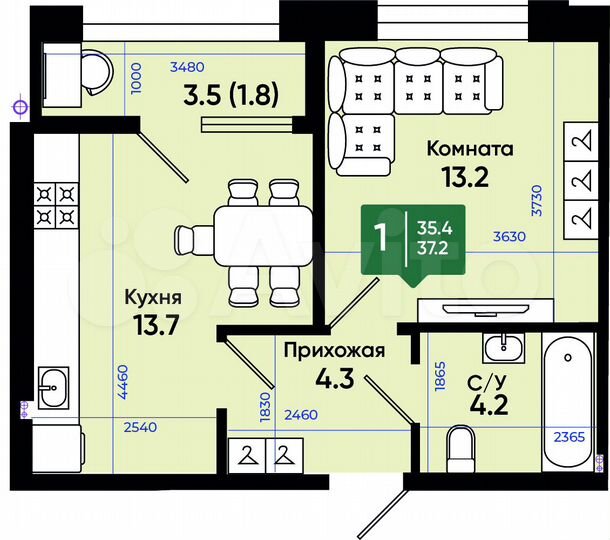 1-к. квартира, 37,2 м², 1/3 эт.