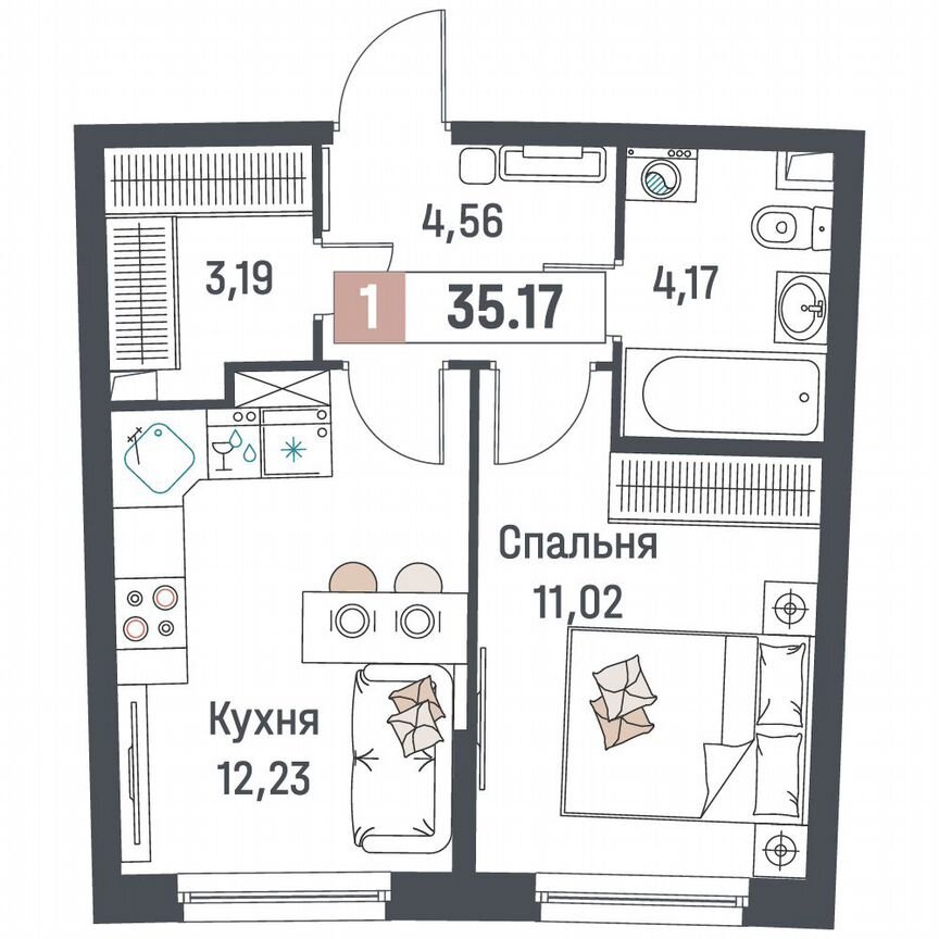 1-к. квартира, 35,2 м², 2/18 эт.