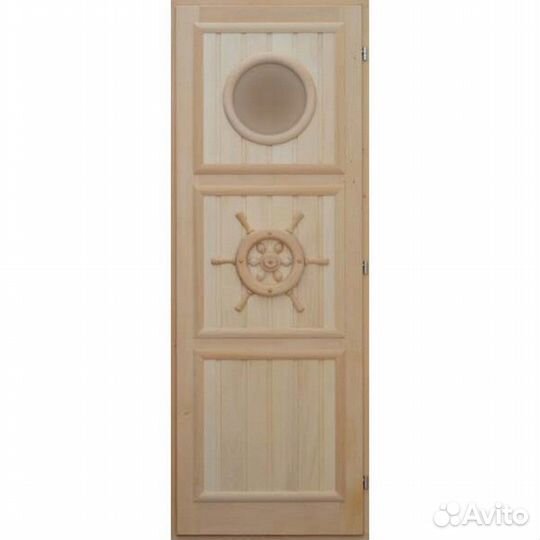 Дверь банная 75*185 остекленная Штурвал с иллюмин