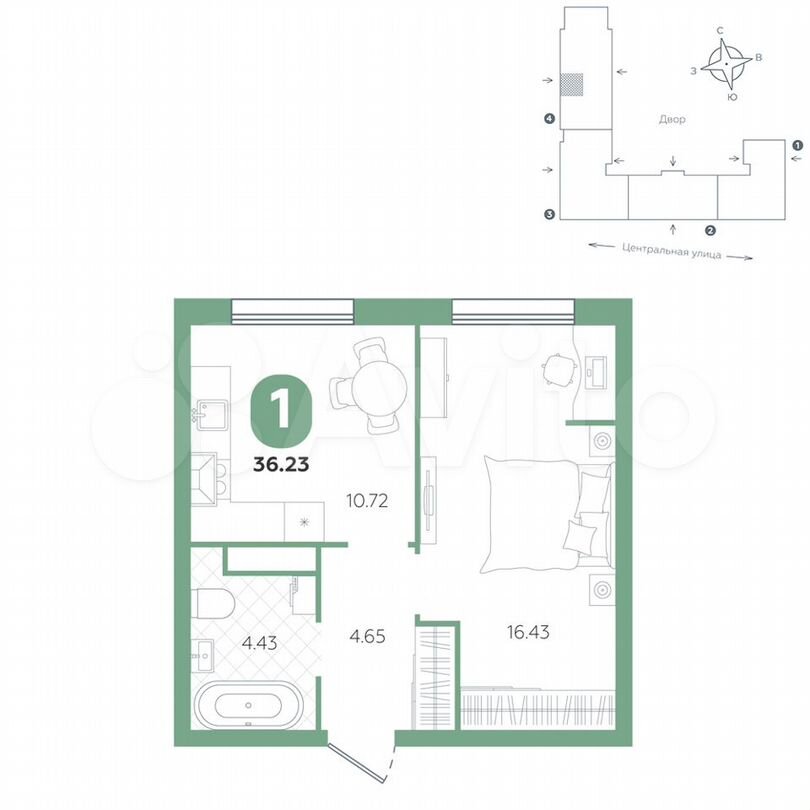 1-к. квартира, 36,2 м², 1/4 эт.