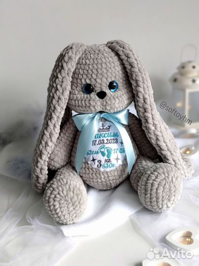 Вязаная зайка с метрикой ручной работы