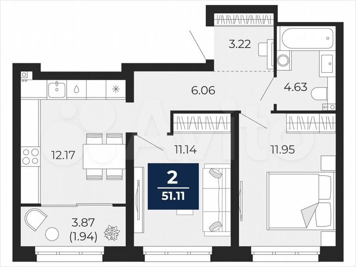 2-к. квартира, 51,1 м², 4/22 эт.