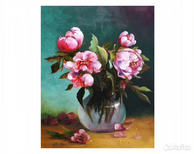 Картина маслом цветы пионы в вазе