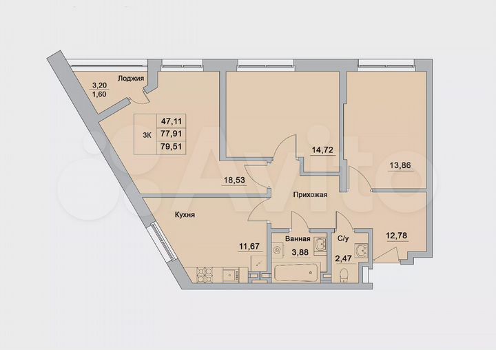 3-к. квартира, 79,5 м², 6/15 эт.