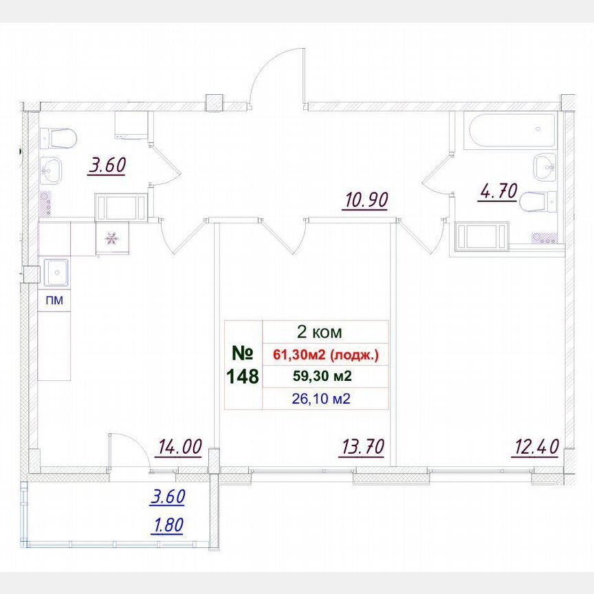 2-к. квартира, 59,8 м², 3/12 эт.