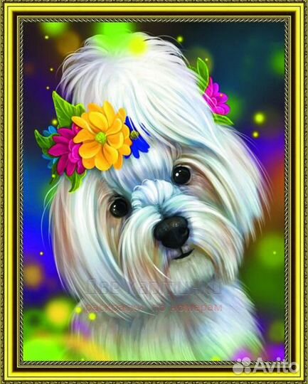 Алмазная мозаика 40x50 Белая болонка с цветочным в