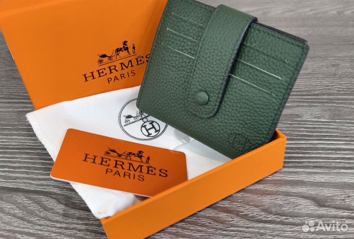 Кожаный кошелёк кардхолдер Hermes green новый lux