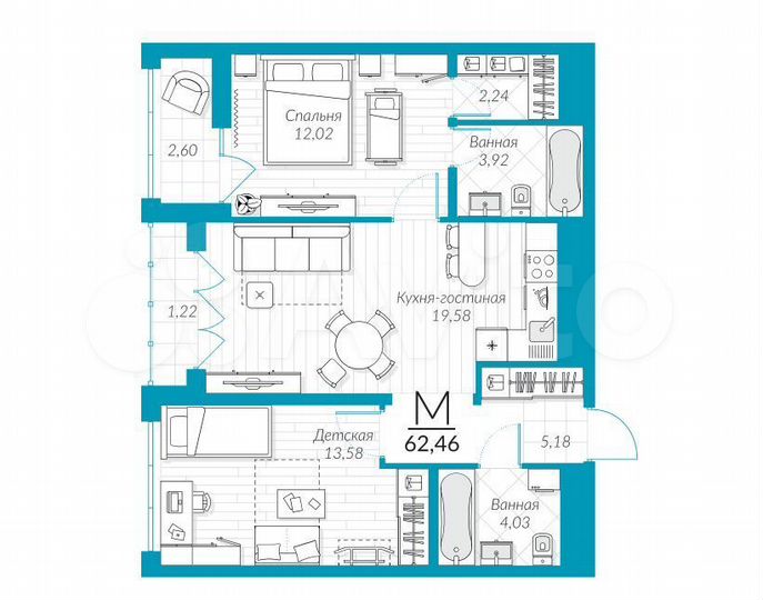 2-к. квартира, 62,5 м², 18/25 эт.