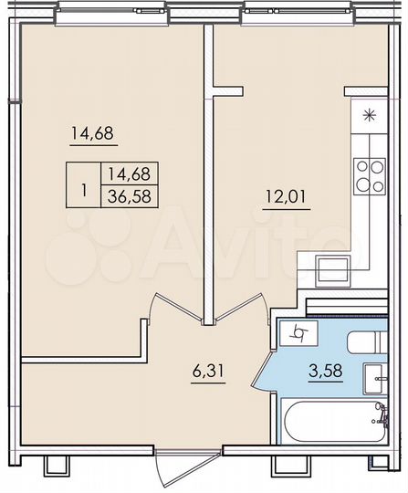 1-к. квартира, 36,6 м², 3/4 эт.