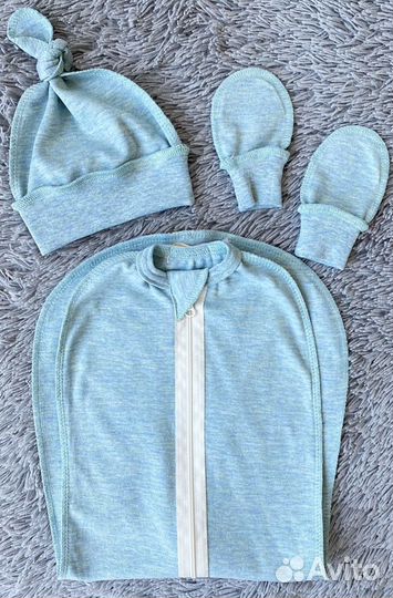 Новый комплект: Пеленка Кокон, шапочка, царапки