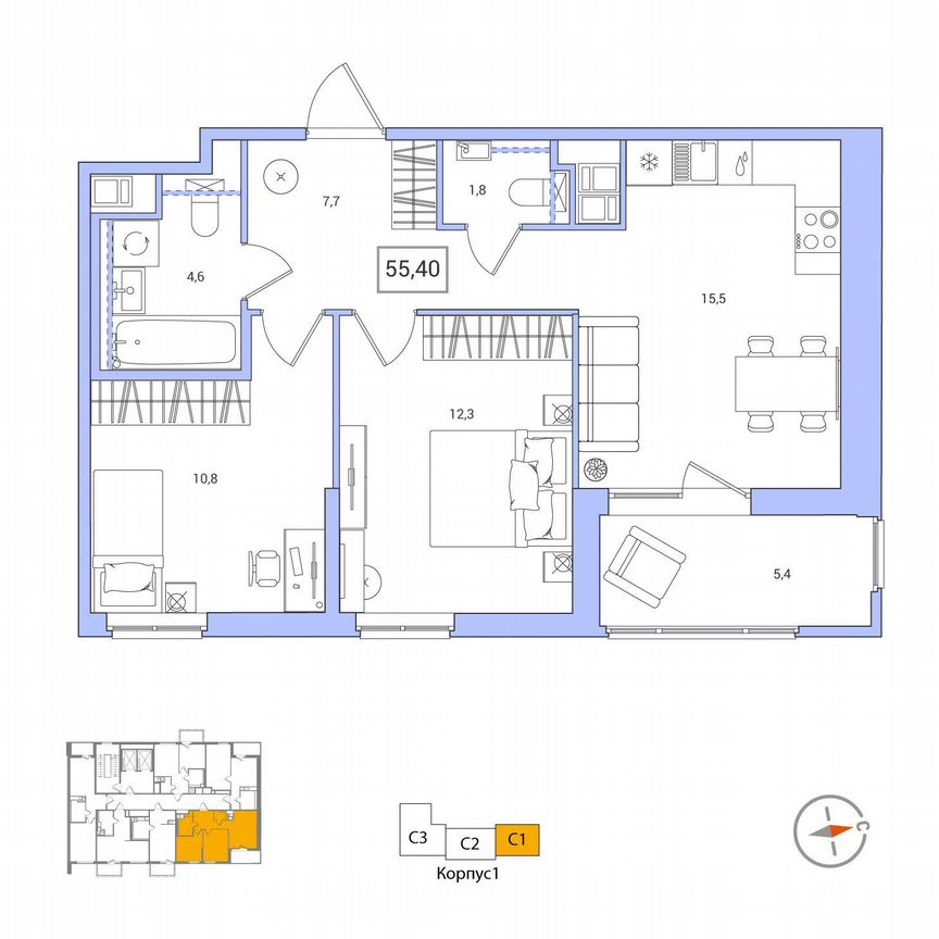 2-к. квартира, 55,4 м², 8/12 эт.