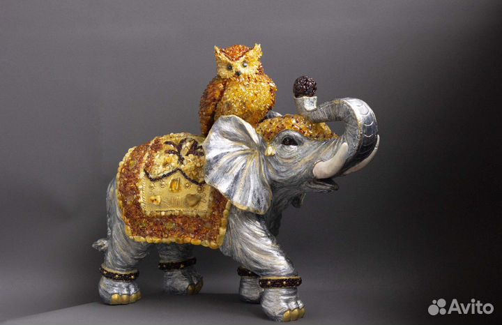 Слон, сова, тигр из нат. янтаря. Статуэтки/фигурки