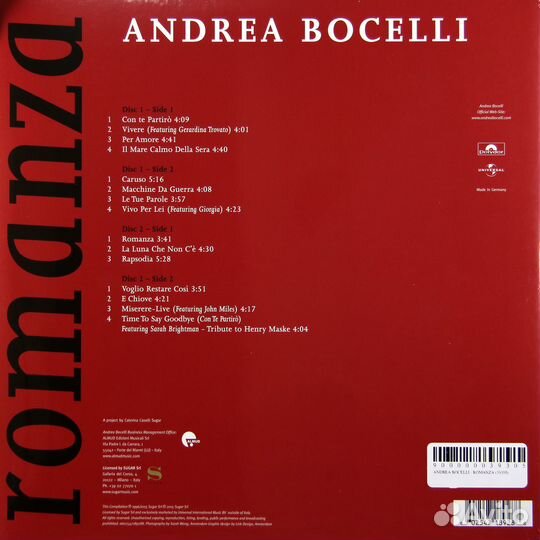 Виниловая пластинка Andrea Bocelli - Romanza 2LP