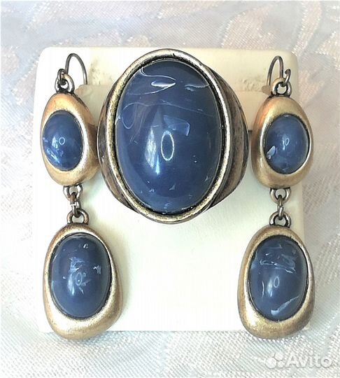 Серьги, кольцо латунь лазурит разм. 19,5 С597
