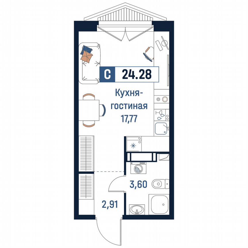 Квартира-студия, 24,3 м², 15/18 эт.