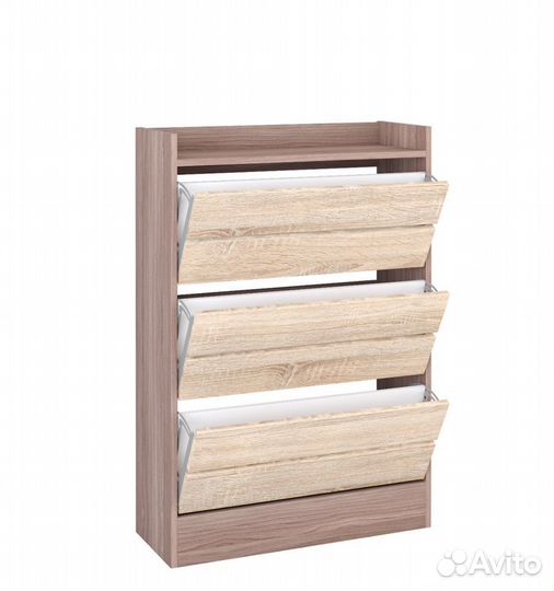 Тумба под обувь на 3 ящика Ясень шимо тёмный/Дуб с