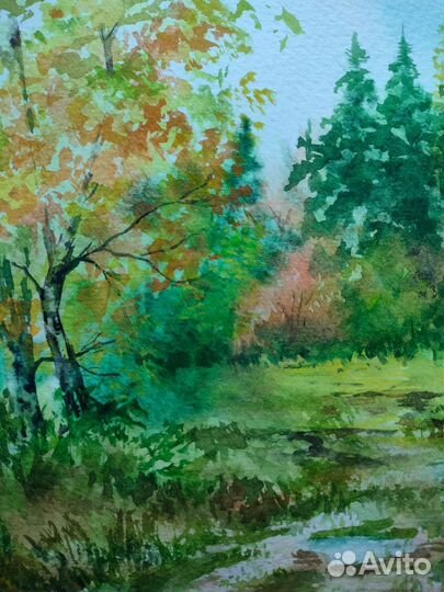 Картина акварелью летний пейзаж в лесу
