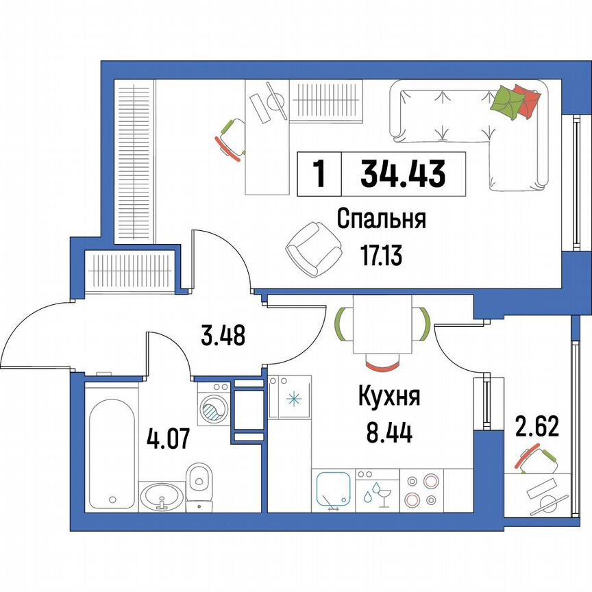 1-к. квартира, 34,4 м², 8/16 эт.