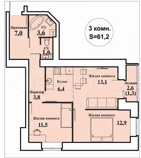 3-к. квартира, 62,3 м², 14/15 эт.