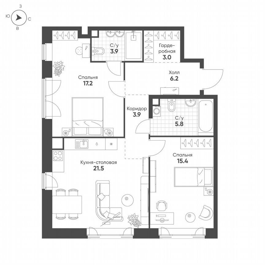2-к. квартира, 76,9 м², 12/16 эт.