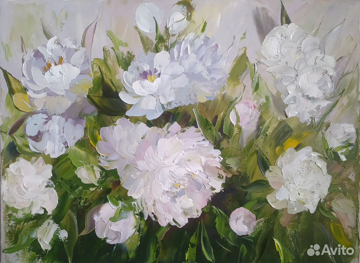 Картина маслом белые пионы