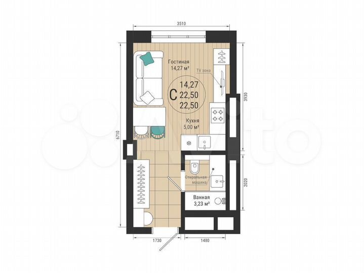 Квартира-студия, 22,5 м², 22/27 эт.