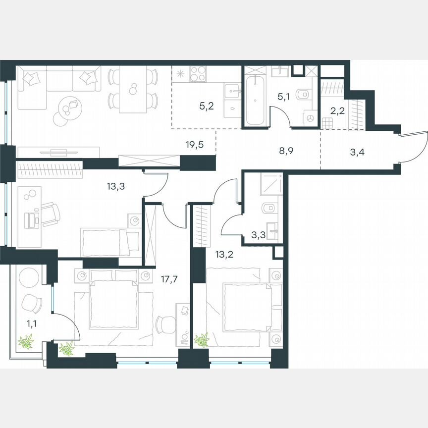 4-к. квартира, 92,9 м², 3/48 эт.
